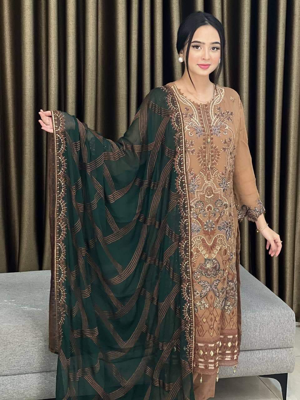 Unstitched  Salwar Kameez (1054 Golden Seq)